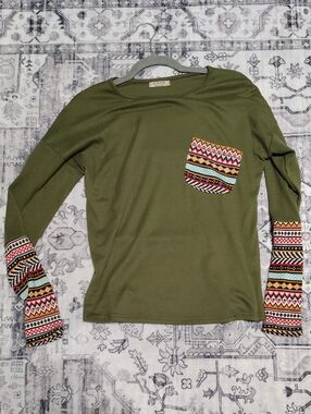 Acevog Olive Green Long Sleeve Top with Multicolor Aztec Pocket & Cuffs